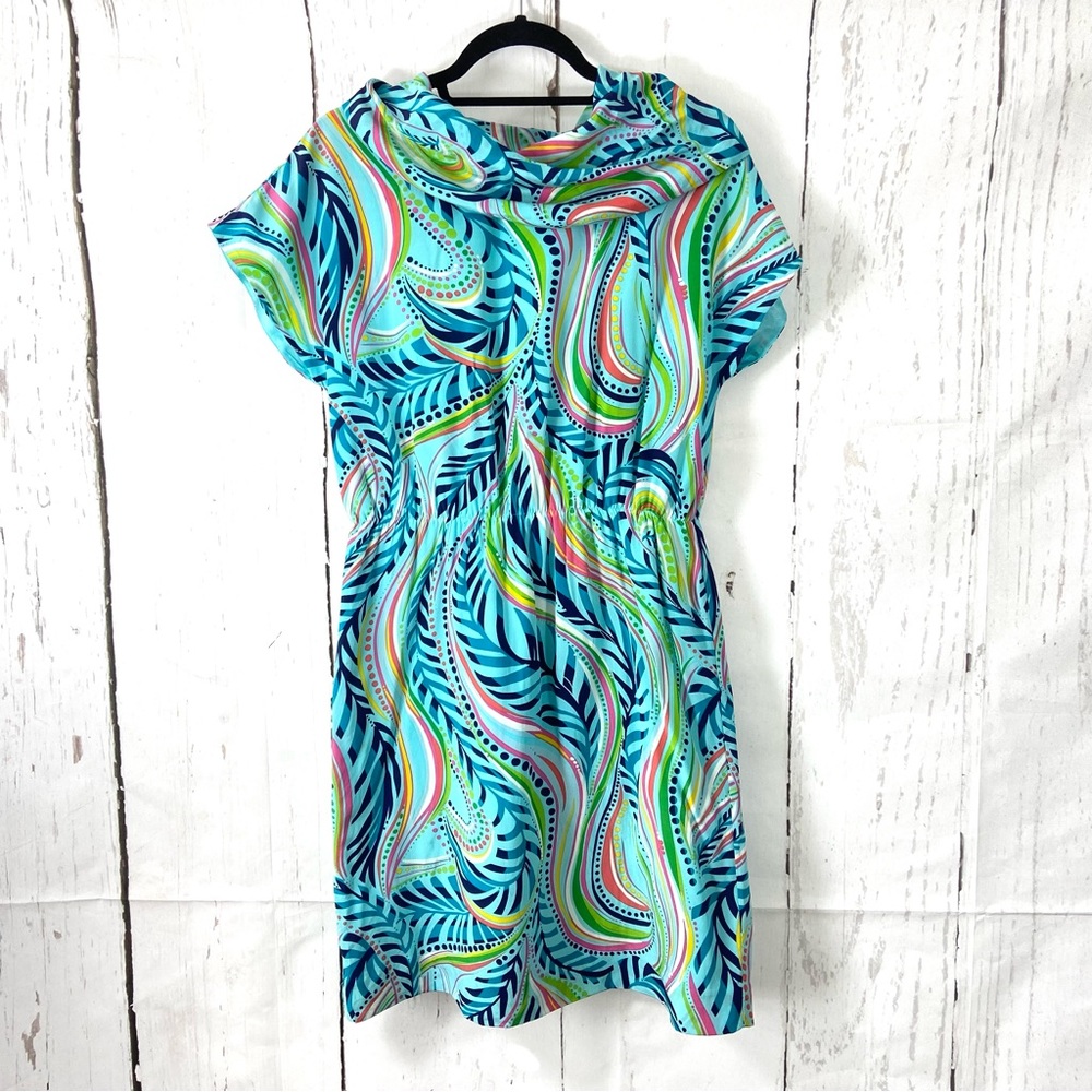 Lilly Pulitzer Dress Women’s Medium Blue Harlow Sea Me Silk Cowl Neck Turquoise.